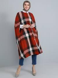Red - Plaid - Crew neck - Unlined - Acrylic - Poncho