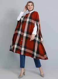 Red - Plaid - Crew neck - Unlined - Acrylic - Poncho