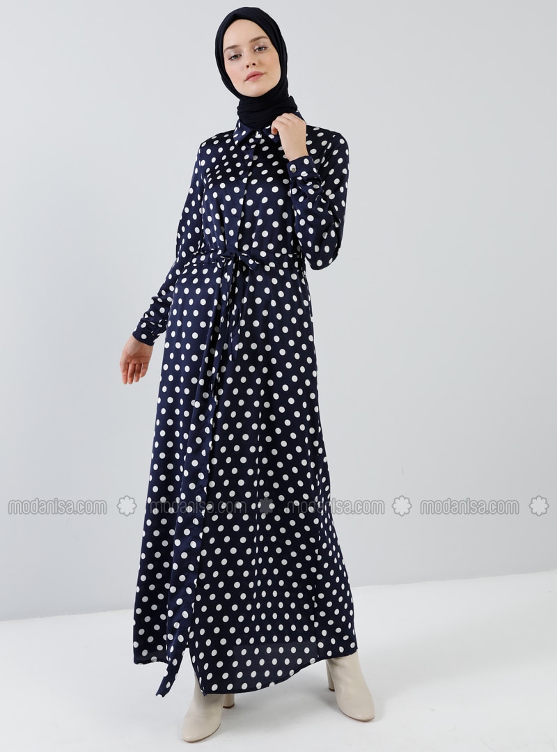dark blue polka dot dress