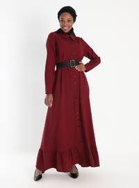 فستان منقوش بأزرار - أحمر كلاريت - تافين