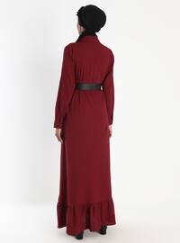 فستان منقوش بأزرار - أحمر كلاريت - تافين