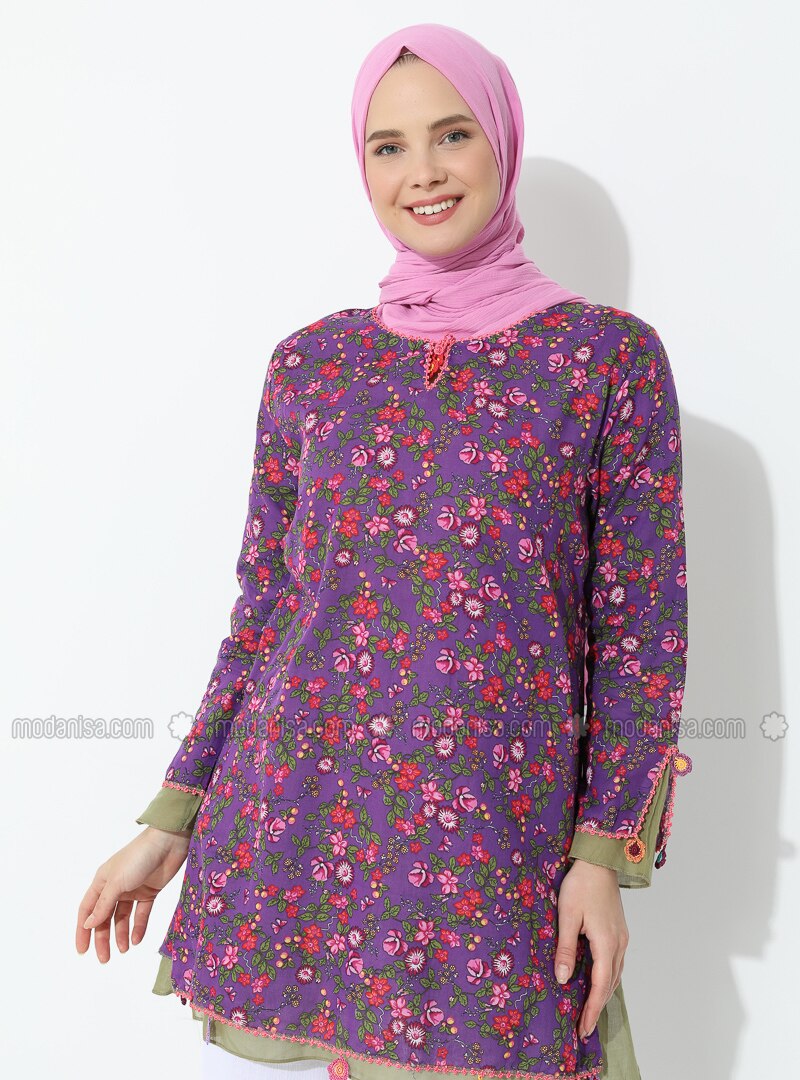 Purple - Purple - Multi - Crew neck - Cotton - Tunic