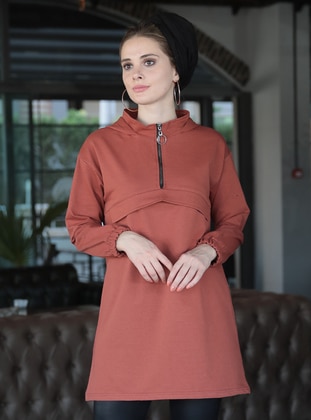 Fermuarlı Kapüşonlu Sweatshirt - Kiremit - Selma Sarı Design