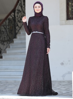 Plum - Unlined - Crew neck - Viscose - Muslim Evening Dress - Ahunisa