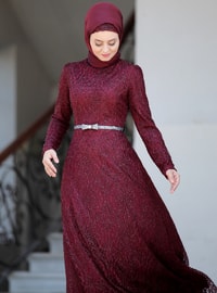 Maroon - Unlined - Crew neck - Viscose - Muslim Evening Dress