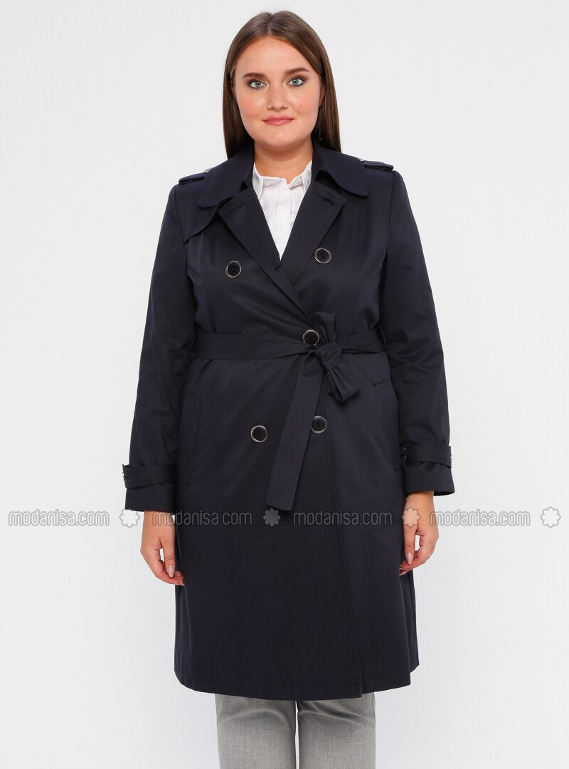 Navy Blue Fully Lined Shawl Collar Polyurethane Trench Coat