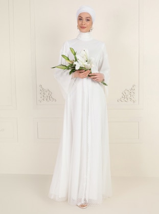 White - Ecru - Fully Lined - Polo neck - Muslim Evening Dress - Mwedding
