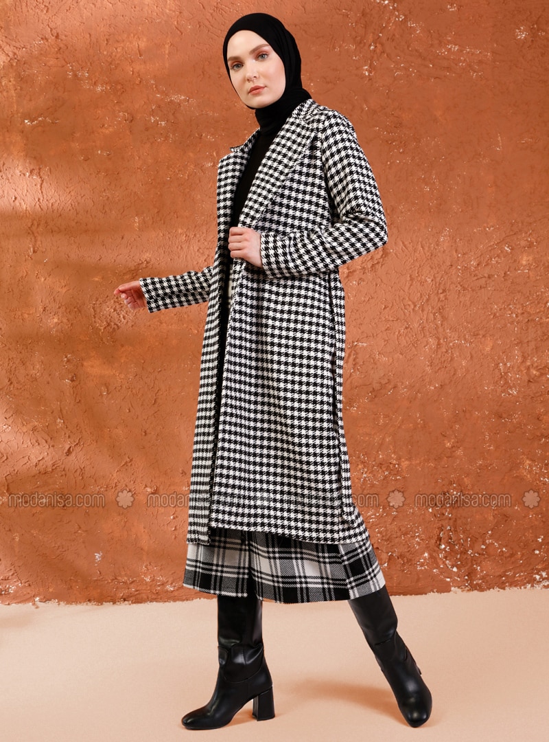 Black - Houndstooth - Unlined - Shawl Collar - - Coat