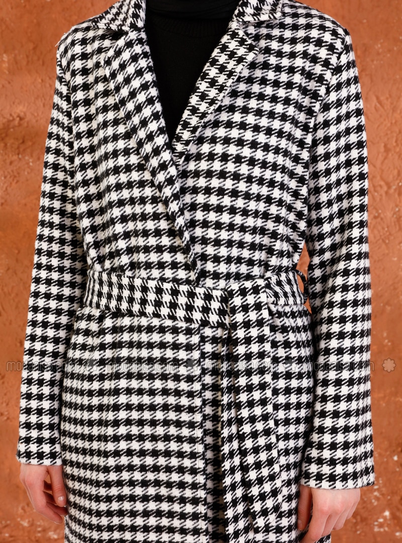 Black - Houndstooth - Unlined - Shawl Collar - - Coat