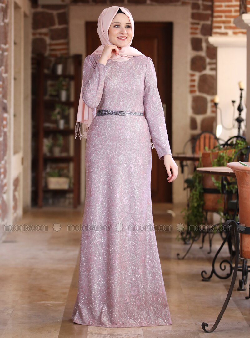 Powder - Fully Lined - Crew neck - Muslim Evening Dress