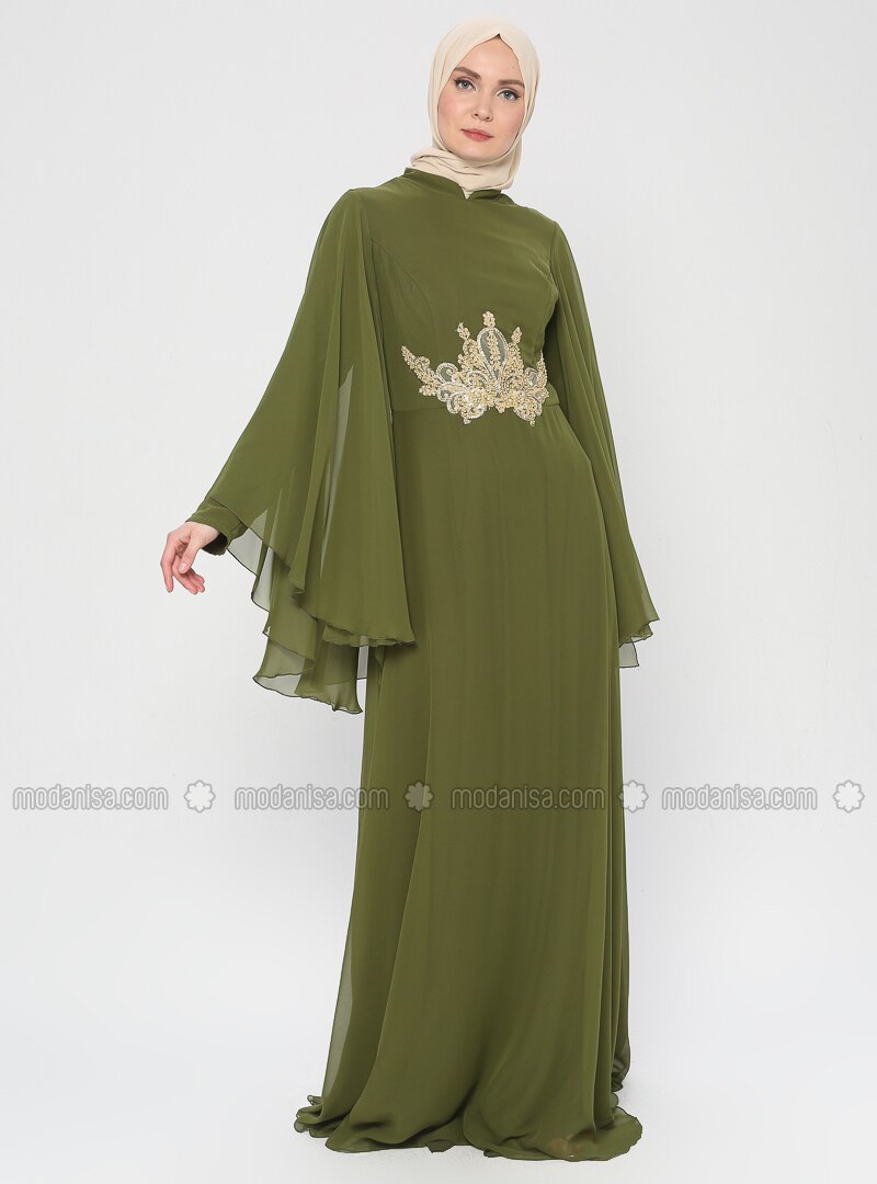 Green - Fully Lined - Crew neck - Muslim Evening Dress
