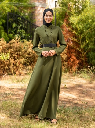 Khaki - Unlined - Crew neck - Muslim Evening Dress - SEMRA AYDIN
