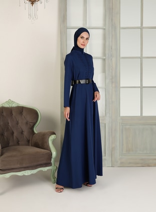 Indigo - Unlined - Crew neck - Muslim Evening Dress - SEMRA AYDIN