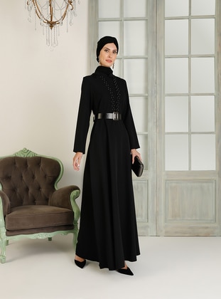 Black - Unlined - Crew neck - Muslim Evening Dress - SEMRA AYDIN