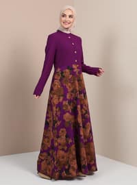 Button Detailed Floral Modest Dress Purple
