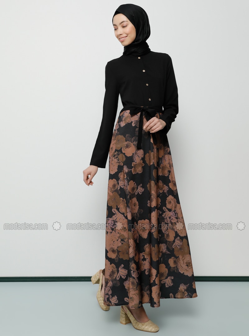 Button Detailed Floral Modest Dress Black