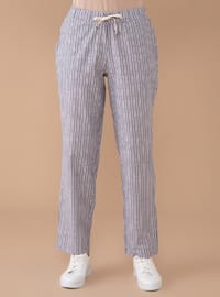 Navy Blue - Stripe - - Pants