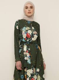 Khaki - Floral - Multi - Button Collar - Unlined - Dress