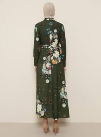 Khaki - Floral - Multi - Button Collar - Unlined - Dress