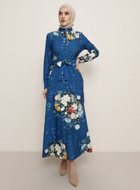 İndigo - Çiçekli - Çok renkli - Düğmeli yaka - Astarsız kumaş - Elbise