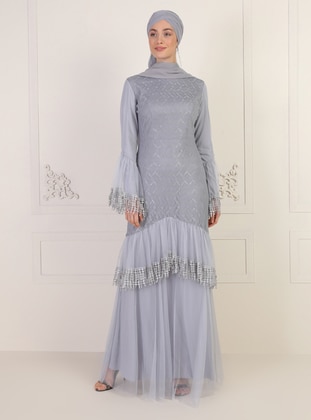 Gray - Fully Lined - Crew neck - Muslim Evening Dress - Mwedding