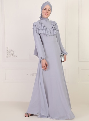 Gray - Fully Lined - Crew neck - Muslim Evening Dress - Mwedding