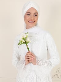 Ecru - Fully Lined - Crew neck - Muslim Evening Dress