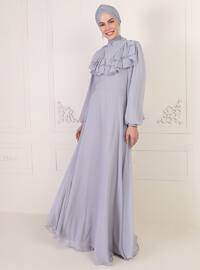 Gray - Fully Lined - Crew neck - Muslim Evening Dress