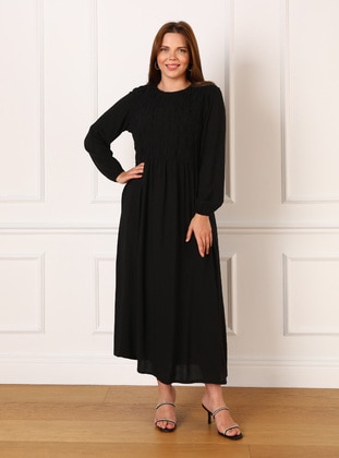 Oversize Natural Fabric Gathering Detailed Dress - Black - Alia