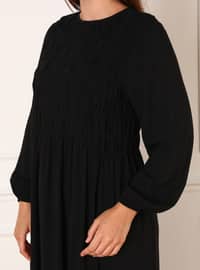 Oversize Natural Fabric Gathering Detailed Dress - Black