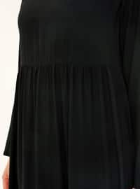 Oversize Natural Fabric Crew-Neck Dress - Black