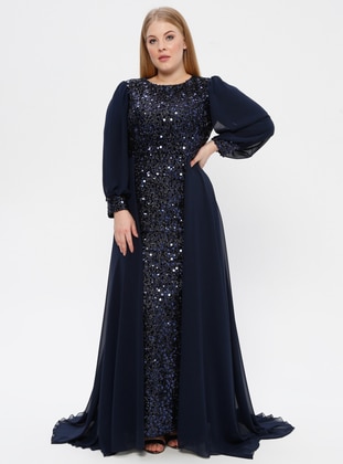 Navy Blue - Fully Lined - Crew neck - Muslim Plus Size Evening Dress