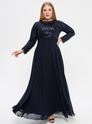 Sequined Hijab Evening Dress Navy Blue