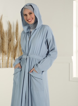 Hooded Pocket Detailed Abaya - Blue - Tavin