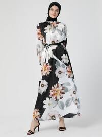 White - Black - Floral - Polo neck - Unlined - Dress