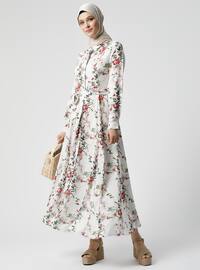 Beyaz - Kırmızı - Çiçekli - Fransız yaka - Astarsız kumaş - Viskon - Elbise