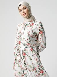 Beyaz - Kırmızı - Çiçekli - Fransız yaka - Astarsız kumaş - Viskon - Elbise