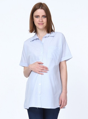 Blue -  - Stripe - Point Collar - Maternity Blouses Shirts - Luvmabelly