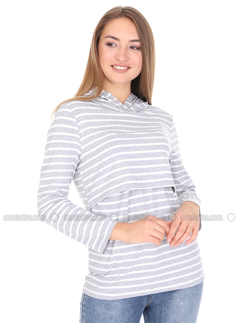 Gray - Stripe - - Maternity Tunic