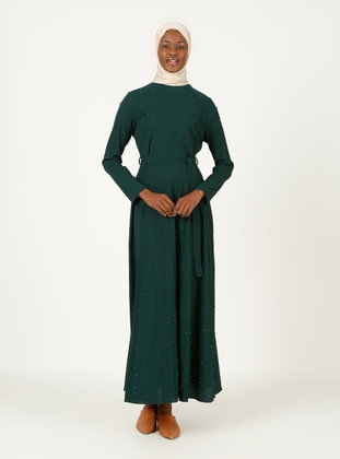 Pearl Detailed Belt Detailed Modest Dress Emerald Green