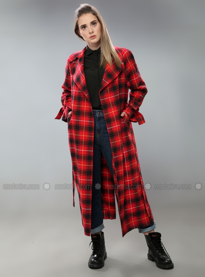 Red - Plaid - Unlined - Shawl Collar - - Trench Coat