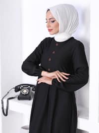 Button Detailed Modest Dress Black