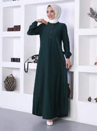 Button Detailed Modest Dress Emerald Green