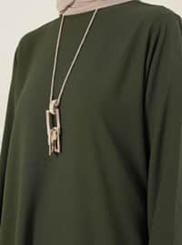 Necklace Detailed Long Slit Tunic Pants Co-Ord Khaki