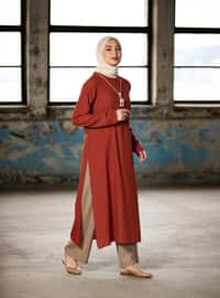 Neckless Detailed Tunic&Trousers Set - Tile