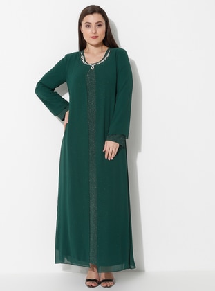 Green - Fully Lined - Crew neck - Muslim Plus Size Evening Dress - Atay Gökmen