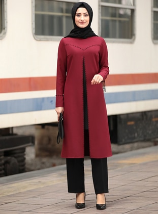 Tunic&Pants Rüya Double Hijab Evening Dress Suit Burgundy