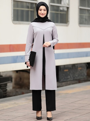 Gray - Unlined - Crepe - Suit - Rabeysa