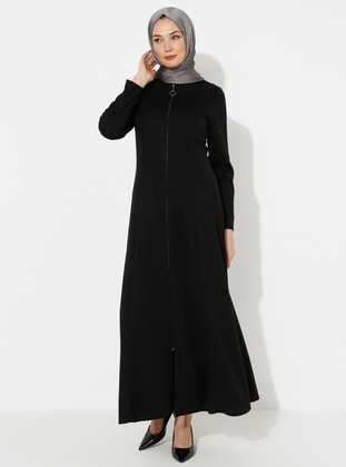 Double Pocket Long Zippered Abaya Black