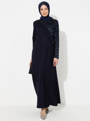 Navy Blue - Unlined - Crew neck - Muslim Evening Dress - ziwoman